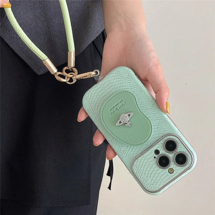 For iPhone 16 Pro Max Case Snakeskin Texture PC+PU Kickstand Phone Protective Cover with Lanyard