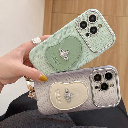 For iPhone 16 Pro Max Case Snakeskin Texture PC+PU Kickstand Phone Protective Cover with Lanyard