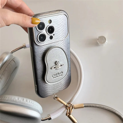 For iPhone 16 Pro Max Case Snakeskin Texture PC+PU Kickstand Phone Protective Cover with Lanyard