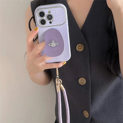 For iPhone 16 Pro Max Case Snakeskin Texture PC+PU Kickstand Phone Protective Cover with Lanyard