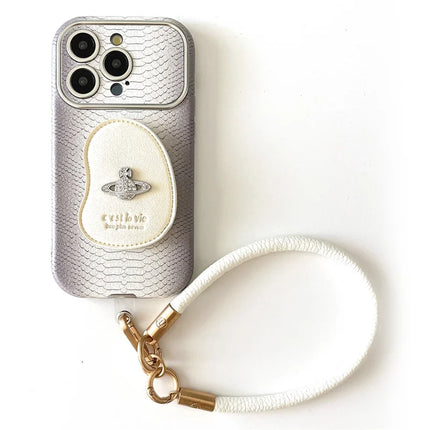 For iPhone 16 Pro Max Case Snakeskin Texture PC+PU Kickstand Phone Protective Cover with Lanyard - White