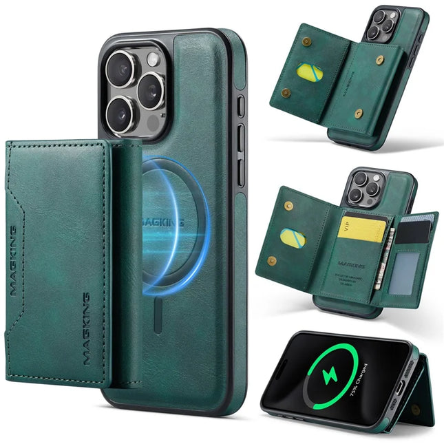 MAGKING K2 Series For iPhone 13 Pro Max Case Compatible with MagSafe PC+TPU+PU Leather RFID Blocking Phone Cover with Wallet - Green