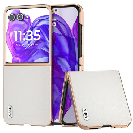 ABEEL For Motorola Razr 50 Ultra 5G Case Electroplating Genuine Cow Leather PC Phone Cover - White