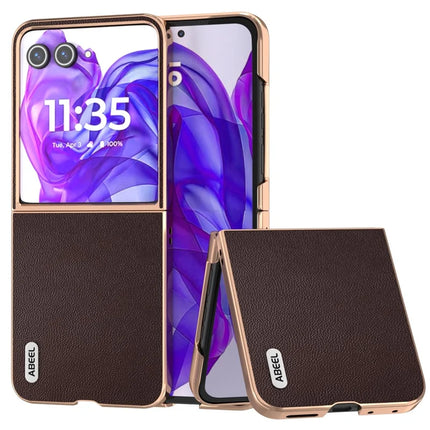 ABEEL For Motorola Razr 50 Ultra 5G Case Electroplating Genuine Cow Leather PC Phone Cover - Coffee