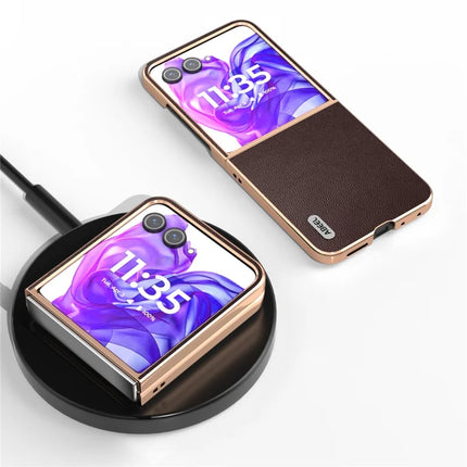 ABEEL For Motorola Razr 50 Ultra 5G Case Electroplating Genuine Cow Leather PC Phone Cover