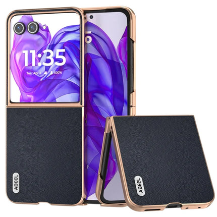 ABEEL For Motorola Razr 50 Ultra 5G Case Electroplating Genuine Cow Leather PC Phone Cover - Blue