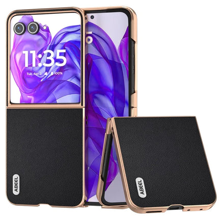 ABEEL For Motorola Razr 50 Ultra 5G Case Electroplating Genuine Cow Leather PC Phone Cover - Black