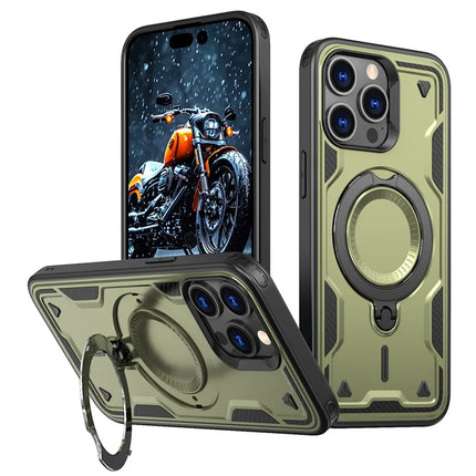 For iPhone 15 Pro Max Case Compatible with MagSafe Military Protection PC+TPU Kickstand Phone Cover - Olive Green