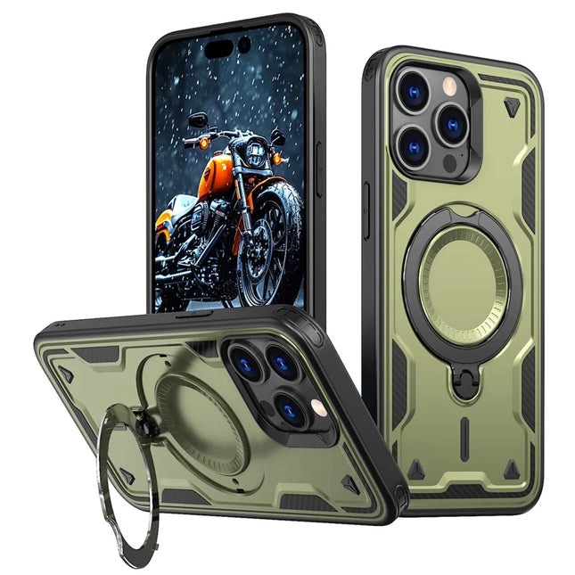 For iPhone 15 Pro Max Case Compatible with MagSafe Military Protection PC+TPU Kickstand Phone Cover - Olive Green