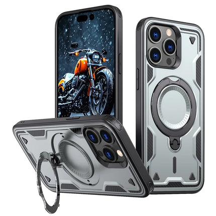 For iPhone 15 Pro Max Case Compatible with MagSafe Military Protection PC+TPU Kickstand Phone Cover - Grey
