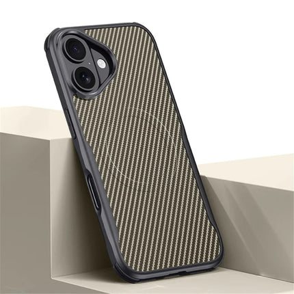 For iPhone 16 Case Compatible with MagSafe Carbon Fiber Texture Leather Coated PC+Silicone Protective Cover