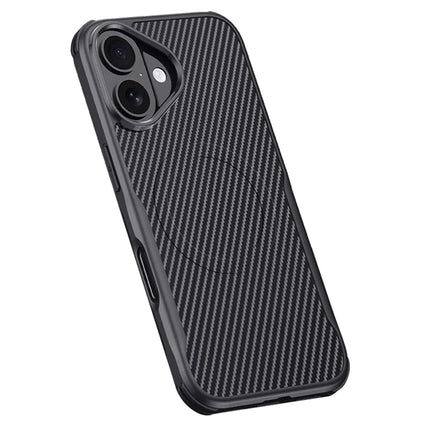 For iPhone 16 Case Compatible with MagSafe Carbon Fiber Texture Leather Coated PC+Silicone Protective Cover - Black