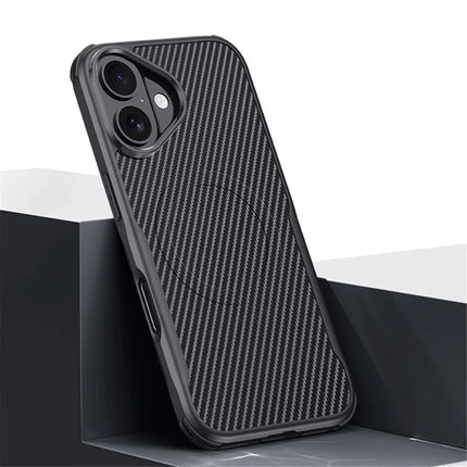 For iPhone 16 Case Compatible with MagSafe Carbon Fiber Texture Leather Coated PC+Silicone Protective Cover