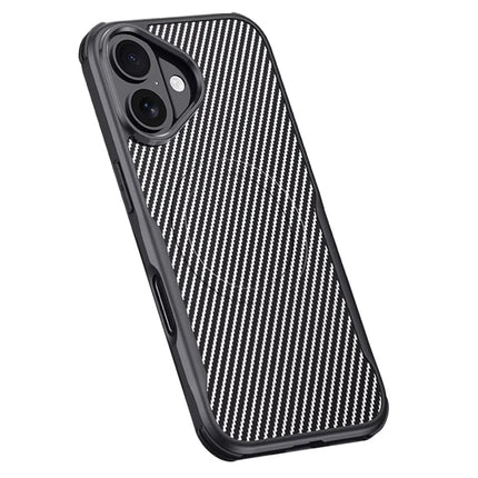 For iPhone 16 Case Compatible with MagSafe Carbon Fiber Texture Leather Coated PC+Silicone Protective Cover - Grey