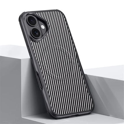 For iPhone 16 Case Compatible with MagSafe Carbon Fiber Texture Leather Coated PC+Silicone Protective Cover