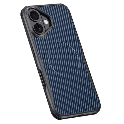 For iPhone 16 Case Compatible with MagSafe Carbon Fiber Texture Leather Coated PC+Silicone Protective Cover - Sapphire