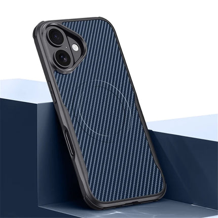For iPhone 16 Case Compatible with MagSafe Carbon Fiber Texture Leather Coated PC+Silicone Protective Cover