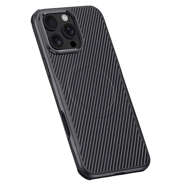 For iPhone 16 Pro Max Case Compatible with MagSafe Carbon Fiber Texture Leather Coated PC+Silicone Protective Cover - Black