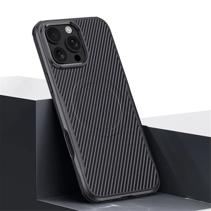 For iPhone 16 Pro Max Case Compatible with MagSafe Carbon Fiber Texture Leather Coated PC+Silicone Protective Cover