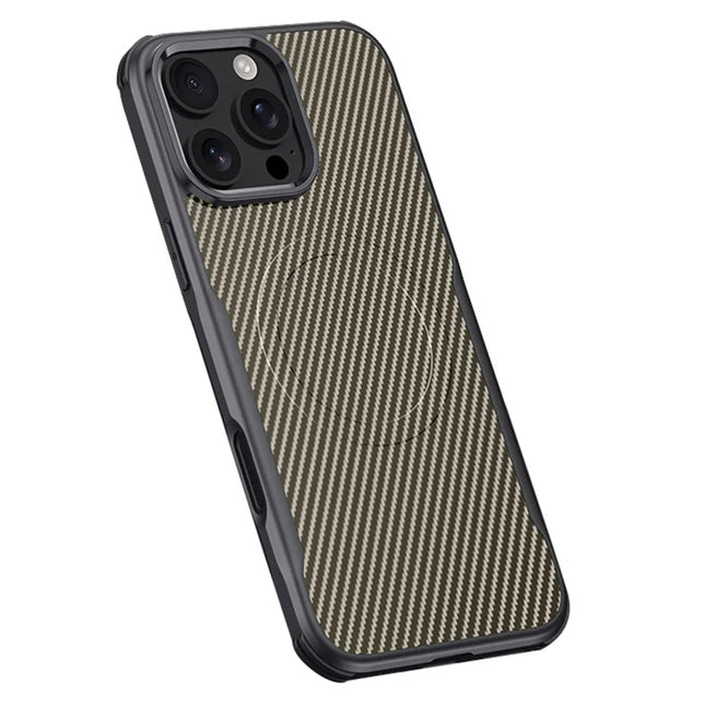 For iPhone 16 Pro Max Case Compatible with MagSafe Carbon Fiber Texture Leather Coated PC+Silicone Protective Cover - Desert Gold