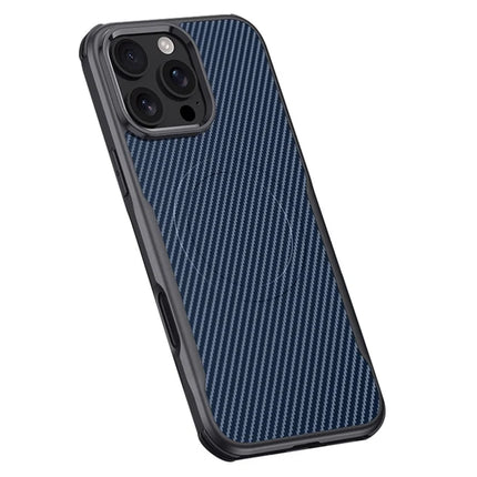 For iPhone 16 Pro Max Case Compatible with MagSafe Carbon Fiber Texture Leather Coated PC+Silicone Protective Cover - Sapphire