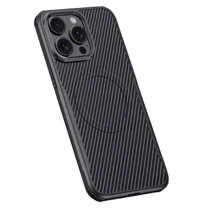 For iPhone 15 Pro Max Case Compatible with MagSafe Carbon Fiber Texture Leather Coated PC+Silicone Protective Cover - Black