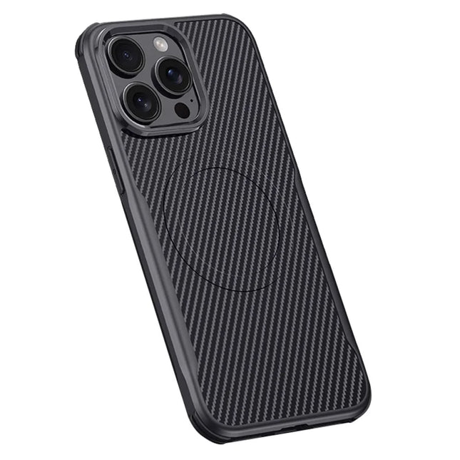 For iPhone 15 Pro Max Case Compatible with MagSafe Carbon Fiber Texture Leather Coated PC+Silicone Protective Cover - Black