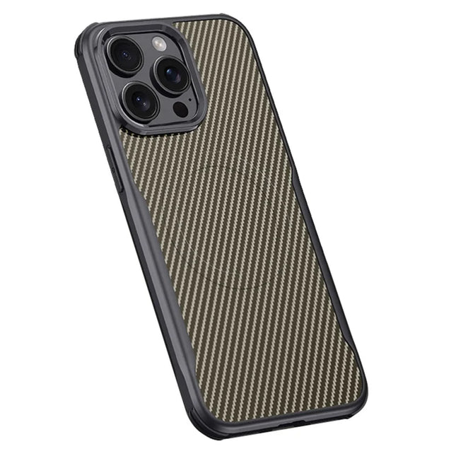 For iPhone 15 Pro Max Case Compatible with MagSafe Carbon Fiber Texture Leather Coated PC+Silicone Protective Cover - Desert Gold