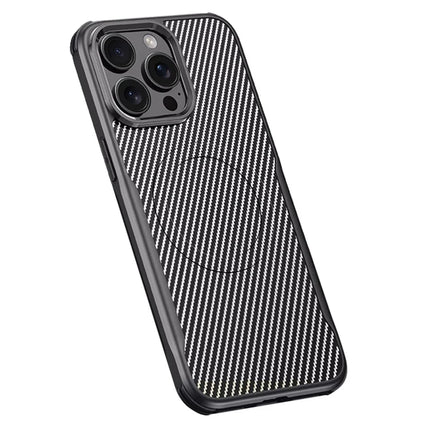 For iPhone 15 Pro Max Case Compatible with MagSafe Carbon Fiber Texture Leather Coated PC+Silicone Protective Cover - Grey