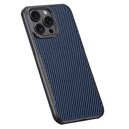 For iPhone 15 Pro Max Case Compatible with MagSafe Carbon Fiber Texture Leather Coated PC+Silicone Protective Cover - Sapphire