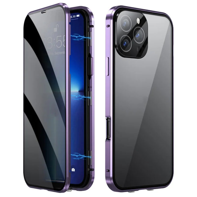 For iPhone 16 Pro Max Case Anti-Spy Double-Sided Tempered Glass+Magnetic Metal Frame Phone Cover - Purple