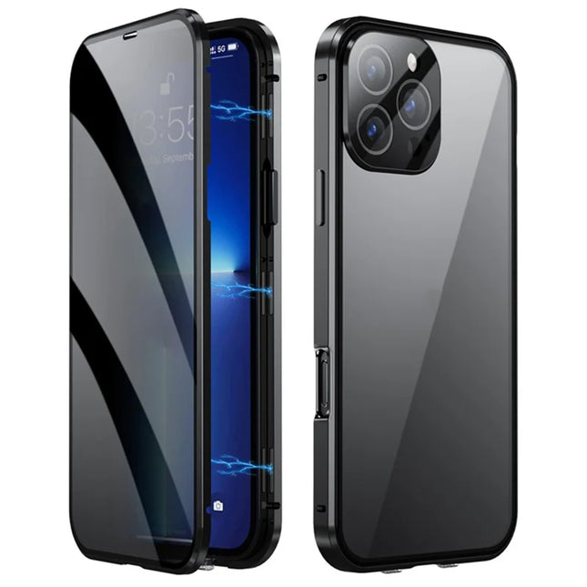 For iPhone 16 Pro Max Case Anti-Spy Double-Sided Tempered Glass+Magnetic Metal Frame Phone Cover - Black