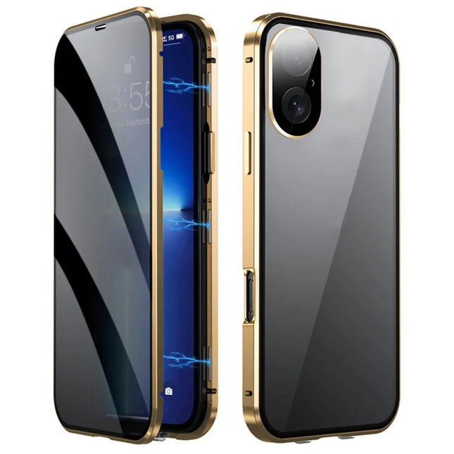 For iPhone 16 Plus Case Anti-Spy Double-Sided Tempered Glass+Magnetic Metal Frame Phone Cover - Gold