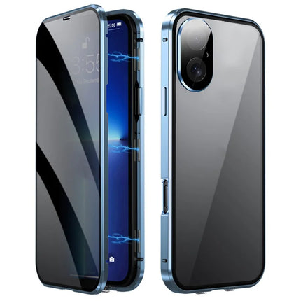 For iPhone 16 Plus Case Anti-Spy Double-Sided Tempered Glass+Magnetic Metal Frame Phone Cover - Blue