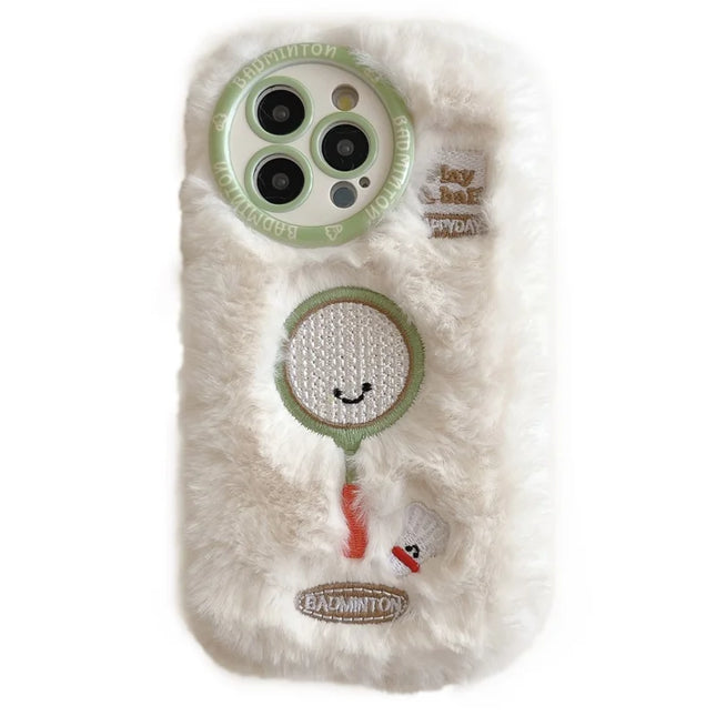For iPhone 16 Pro Max Case Cute Racket Pattern Furry TPU Warm Phone Cover - Badminton Racket