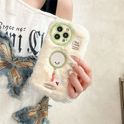 For iPhone 16 Pro Max Case Cute Racket Pattern Furry TPU Warm Phone Cover