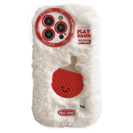 For iPhone 16 Pro Max Case Cute Racket Pattern Furry TPU Warm Phone Cover - Ping-pong Racket