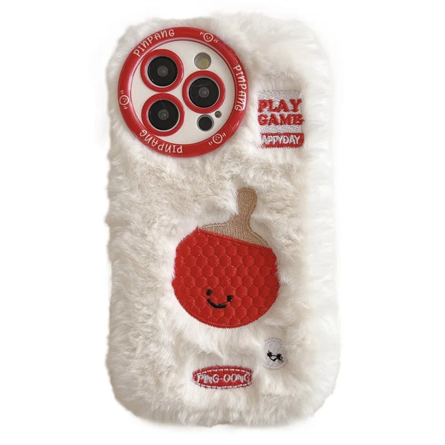 For iPhone 16 Pro Max Case Cute Racket Pattern Furry TPU Warm Phone Cover - Ping-pong Racket