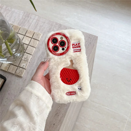For iPhone 16 Pro Max Case Cute Racket Pattern Furry TPU Warm Phone Cover