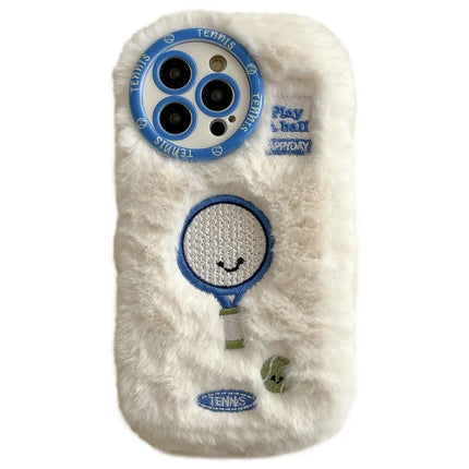 For iPhone 16 Pro Max Case Cute Racket Pattern Furry TPU Warm Phone Cover - Tennis Racket