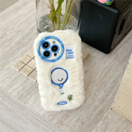 For iPhone 16 Pro Max Case Cute Racket Pattern Furry TPU Warm Phone Cover