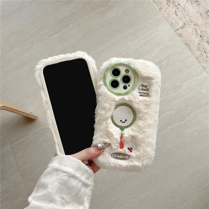 For iPhone 16 Pro Max Case Cute Racket Pattern Furry TPU Warm Phone Cover
