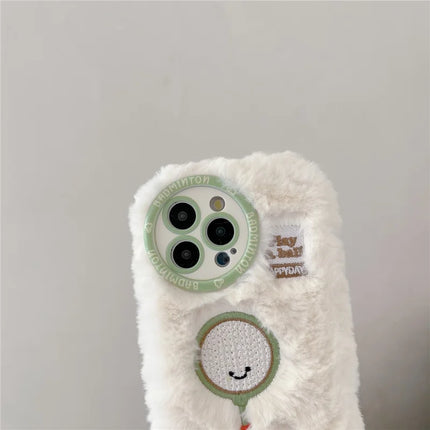 For iPhone 16 Pro Max Case Cute Racket Pattern Furry TPU Warm Phone Cover