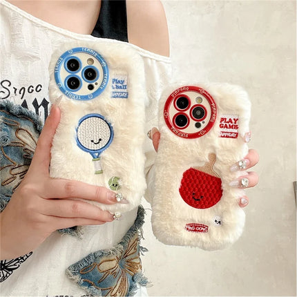 For iPhone 16 Pro Max Case Cute Racket Pattern Furry TPU Warm Phone Cover