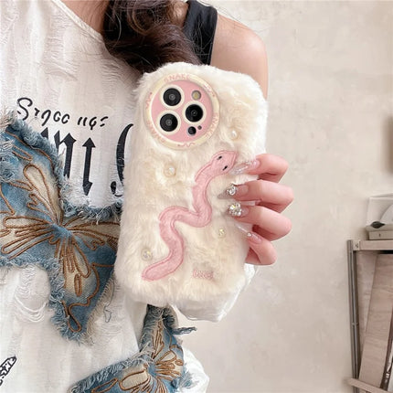 For iPhone 16 Pro Case Snake Design Pearl Accents Furry TPU Warm Phone Cover