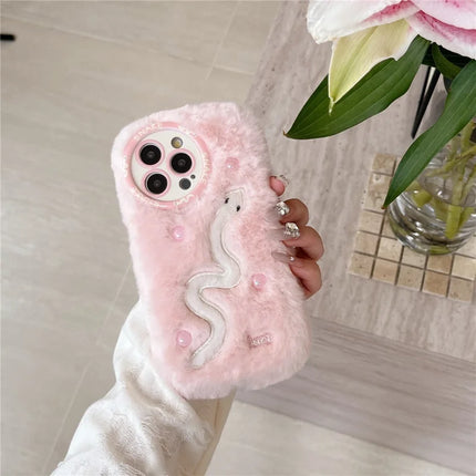 For iPhone 16 Pro Case Snake Design Pearl Accents Furry TPU Warm Phone Cover