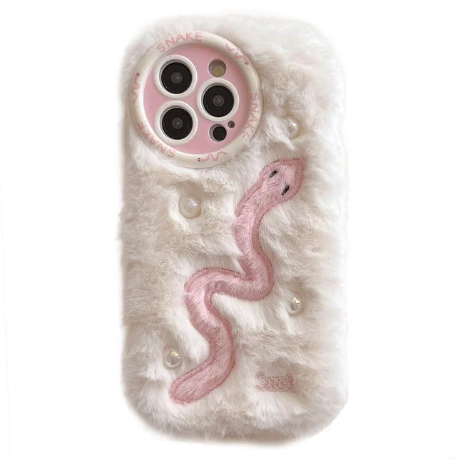 For iPhone 16 Pro Max Case Snake Design Pearl Accents Furry TPU Warm Phone Cover - White