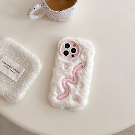 For iPhone 16 Pro Max Case Snake Design Pearl Accents Furry TPU Warm Phone Cover