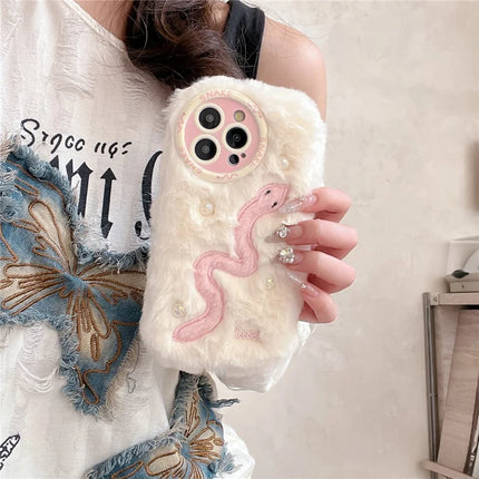 For iPhone 16 Pro Max Case Snake Design Pearl Accents Furry TPU Warm Phone Cover