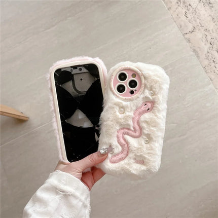 For iPhone 16 Pro Max Case Snake Design Pearl Accents Furry TPU Warm Phone Cover